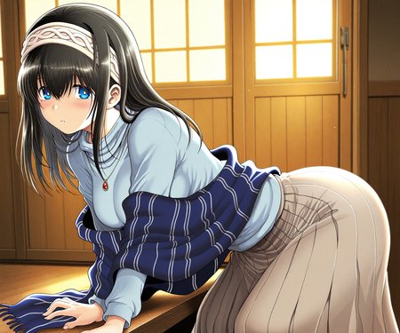 masterpiece, best quality, amazing quality, sfw, 1girl, solo,   looking at viewer,  <lora:Tsukiyoshi Hiroki style ILL-v2:1> tsukiyoshihiroki ,  sagisawa fumika, black hair, long hair, blue eyes, hairband, necklace, shawl, blue shawl, blue sweater, skirt, long skirt,