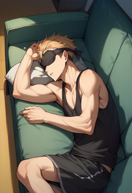 score_9, score_8_up, score_7_up, source_anime, rating_safe, hands with five fingers, Yujaikyu, 1boy, male focus, tank top, sleep mask, parted lips, lying, on side, couch, indoor living room, sleeping, hair strands,