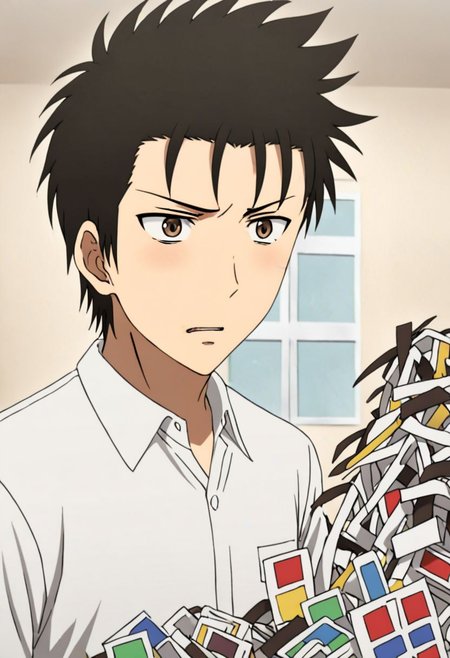 solo, 1boy, detailed_eye_model, easynegative, Soujirou Agata, Brown Eyes, Black Hair, full of things, messy, anxious, confused, panicked, in trouble, looking for something