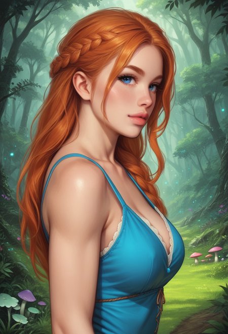 Beauty female shaped woman with intricate details, fit body, cute girl, blue eyes, ginger hair, beautiful princess, thick thighs, petite body, perky breasts, cute face, floral sundress, sandals, long hair, ((ultra detailed beauty faces)), full body, action pose, big brightness blue eyes, with big dagger in hands
Background: A whimsical landscape filled with giant, vibrant mushrooms in various colors. Towering red, blue, and purple mushrooms cast playful shadows. Lush, green moss carpets the ground, dotted with tiny, glowing fairy lights. A sparkling stream winds through the scene, reflecting the colorful mushrooms. In the distance, a mystical forest with twisted, ancient trees adds depth. The air is filled with the scent of earth and the soft hum of magical creatures.
score_7_up, rating_explicit, Expressive, (upper body:1.8), dynamic pose. ((side view))
(((full-clothed))),
 <lora:add-detail-xl:1>
 <lora:Dynamic Poses:1>