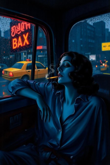 rolfarmstrong1 illustration. silmas. 
A woman in a rumpled silk blouse lounges in a rain-streaked taxi, her reflection fractured in the window like a cubist portrait. Chiaroscuro meets noir cinema: indigo shadows pool in the cab's corners, while neon signage outside bleeds crimson and sulfur-yellow through droplets. Smoke from her cigarillo curls into the humid air, textured like raw silk, its amber ember echoing distant brake lights. A smudged lipstick stain marks the filter; Background is a a mosaic of blurred office windows.  <lora:rolfarmstrong1_cap_d8a4:1.0><lora:862567029025074541:0>