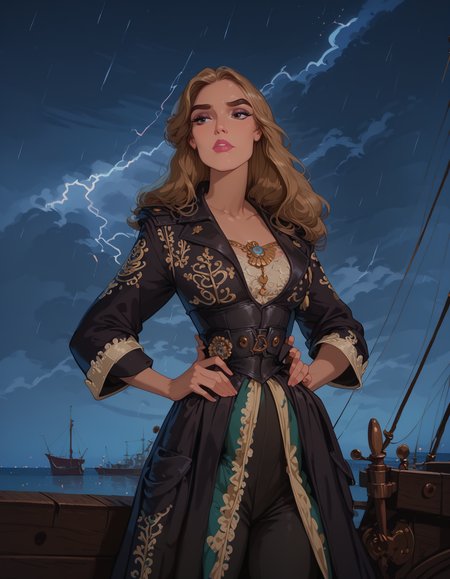 <lora:Disney_Style:.9> <lora:princess_xl_v2:.75> <lora:add-detail-xl:.9> <lora:g0th1cPXL:.3> <lora:Cherry-Gig:.45> <lora:Expressive_H:1> <lora:PLASTT_PonyV6:1> <lora:Elizabeth_Swann_ZairaSass_v1:1> score_9, score_8_up, score_7_up, zPDXL, DisneyRenstyle, score_9,score_8_up,score_7_up,score_6_up, 
(stormy ocean background, rain, storm, lightning, night, on pirate ship, ambient light), (standing, full body, dynamic pose, low angle), 
1girl, solo, sexy 18 year old, British girl, (Elizabeth Swann, Pirate King), perfect face, beautiful face, defined cheekbones, defined jawline, light brown hair, thick hair, thick dark eyebrows, dark brown eyes, dark lashes, thin lips, 
confident expression, narrow eyes, hands on hips, perfect hands, 5 fingers, slender waist, tall, slender, accurate proportions, correct anatomy, 
black coat with decorative golden symbols, black leather underbust corset, black trousers, black boots, legs apart,