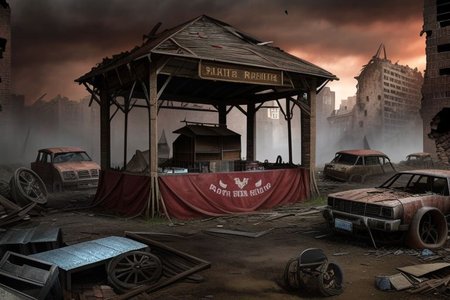 realistic, hyper-realistic, ultra detailed, 8k, photo,  
Wasteland city ruins, Collapsed modern city to ruins, red dust in every corner, very low vegetation, Collapsed city,  one dark skyscraper in distance, small round marketplace with few primitive tents at and in the ruins,  
Dark sky, cloudy sky, market stalls and market huts made from scrap and the ruins,