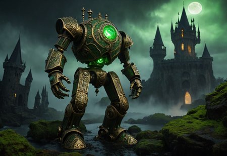 giant bipedal robot brass and pastel green striped paint, bronze paisley robot. lacy robot metal. glass mosaic helmet torso head. outside of a steampunk keep. large detailed torso. dark image. one forty foot tall ancient robot with great arms and two heavy spring legs. dark foggy night background. $dark foggy night image only. dark photo realistic image. steampunk details. cogs, chains and pipes incorporated in the fantasy buildings. magic wizards tower in background. Dark swamp, moss, castle ruins, wizards tower. stormy dark night. stormy sky. rain