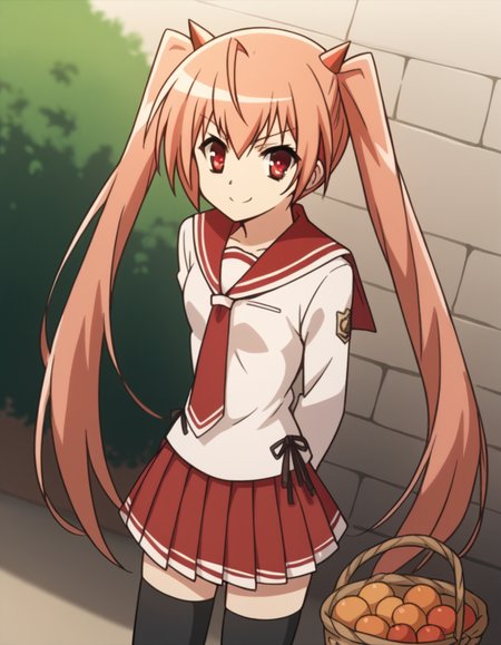 score_9, score_8_up, score_7_up, source_anime, <lora:aria-holmes-kanzaki-s1-ponyxl-lora-nochekaiser:1>, aria holmes kanzaki, long hair, red eyes, twintails, pink hair,, skirt, thighhighs, school uniform, serafuku, zettai ryouiki, white shirt, long sleeves, red sailor collar, necktie, red necktie, red skirt, pleated skirt,, farmers market, fresh produce, local vendors, baskets, sunny day, community, smile, hands behind back, bent over,, looking at viewer, solo,, dutch angle, cowboy shot