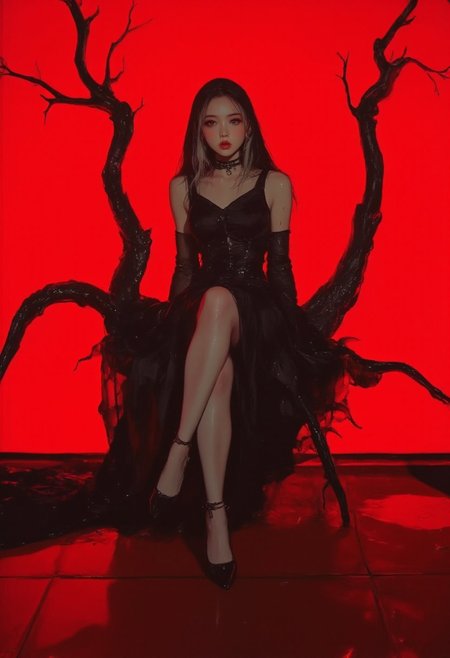 pingtu style, illustration-fen. a striking woman against a glowing red backdrop. the stunning woman is tall, with pale skin and red lips. she wears an elegant hooded gown, made of black satin, clinging to her slender figure. her hood is partly pulled back, revealing shoulder length black hair, with white strands. the woman's attitude is mysterious and sensual. she wears ankle heels. she sits legs spread on a sculpture, resembling an abstract tree branch, growing from the floor in an half arc, serving as a seat, the material is pitch black. the floor consist of red polished tiles. the overall mood is mysterious and cryptic.
the backdrop is glowing red and illuminates the scene with diffuse lighting, creating a slight ethereal glow around the woman. the key lighting highlights the fabrics and details of the woman and the sculpture.
the image overall is a hyper detailed and realistic, creating an breath-taking fashion shot.