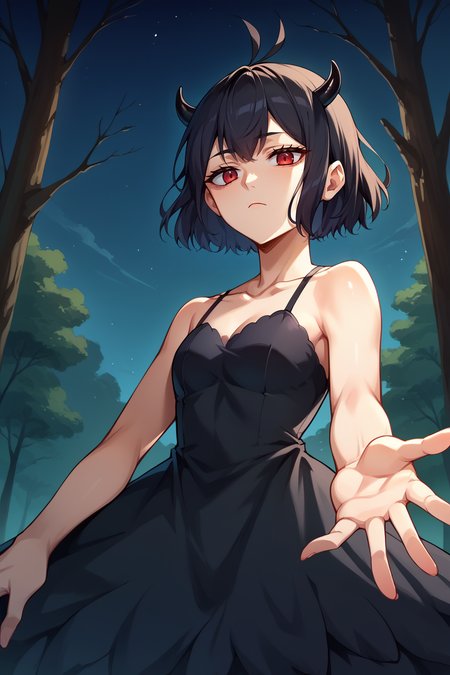 score_9, score_8_up, score_7_up, score_6_up, source_anime, BREAK 1girl,  <lora:secre-pdxl-nvwls-v1-000006:1> secre, horns, black hair, bare shoulders, strapless, black dress, looking at you, expressionless, night, upper body, forest  <lora:Beckoning_XLPD:1> beckoning, reaching towards viewer, from below