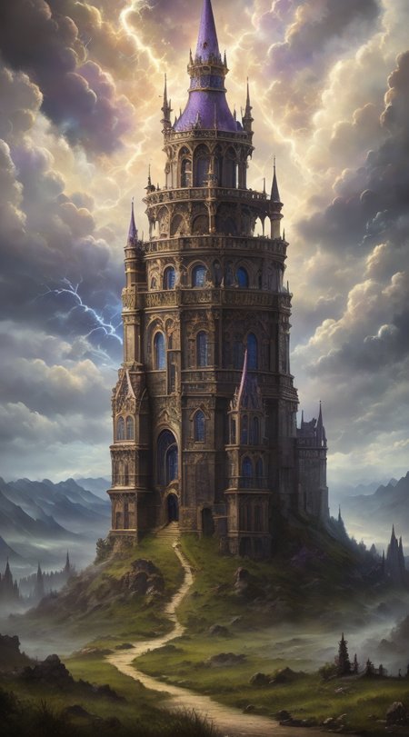 Masterwork Painting, Magnum Opus, 
HDR photo of 
Dreamscape, 
ethereal fantasy concept art of  
 <lora:Wizard_Tower-10:0.75> witow, castle, cloud, cloudy sky, grass, no humans, scenery, sky, tower, tree, 
 <lora:locon_conceptlightning_v1_from_v1_64_32:1> lghtnngprsn, lightning, storm,
. magnificent, celestial, ethereal, painterly, epic, majestic, magical, fantasy art, cover art, dreamy,
. Surreal, ethereal, dreamy, mysterious, fantasy, highly detailed,
. High dynamic range, vivid, rich details, clear shadows and highlights, realistic, intense, enhanced contrast, highly detailed,
  highres, 8k, uhd, High Dynamic Range, tonemapping, crisp details,  intricate details, fine details