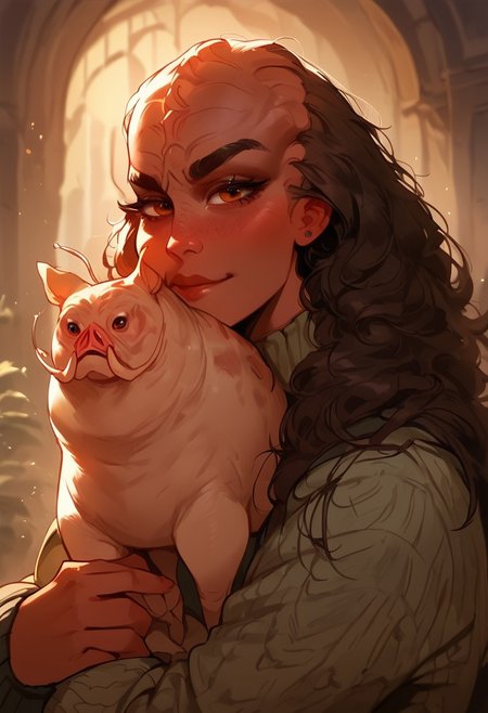 score_9, score_8_up, score_7_up, score_6_up,  p3tl0v3, 1girl, kling0n alien female, dark brown skin, large forehead ridges, large eyebrows, hugging an adorable alien warthog creature,
