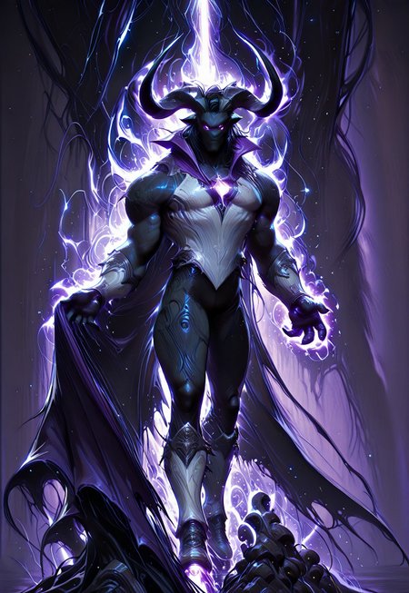 masterpiece, best quality, amazing quality, very aesthetic, absurdres, intricate details, 4k, semi realistic, cartoon, fantasy, dark and light energy around, yellow and purple glow, aura, darkness aura, divine figure, shadowy figure, looking at viewer, dynamic pose, cloaked in light, score_9, score_8_up, <lora:AMarvelRivals_style:1>, marvelrivals, tall male, messy white and black hair, mixed horns, black and white horns, dual-colored armor, flowing cape, glowing eyes, light and darkness energy, powerful warrior, fusion, ultimate transformation, fantasy character, powerful stance, shadow energy, radiant energy, monstrous, mutated, magical, divine, celestial, whimsical, fairytale, fantasy, bio, organic, transluscent, gl0w,glow, scary, four horns, black and white, purple and yellow, heterochromia eyes, white armor, glowing, black skin, yellow aura,