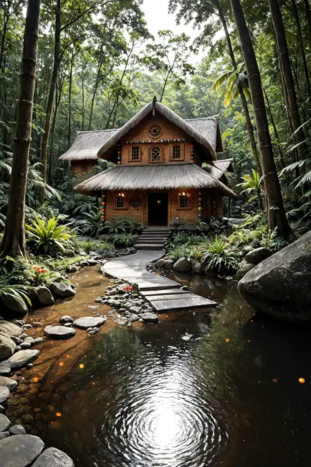 photo, photography, Fujifilm XT3 Viltrox, ((very detailed)), sharp focus, sharp background,  best quality, beautiful landscape, rainforest, jungle, sacred earth, stream, water ripples reflections, (small river pond), rainforest, hut, tribal amazon village, stunning nature environment, (bright sunny sky), high contrast, cinematic (lights), backlight, shadows, lens flare, vibrant colors, colorful, Hair Brown flowers and leaves,  <lora:add-detail-xl:1>  <lora:Better Blur Control:1>