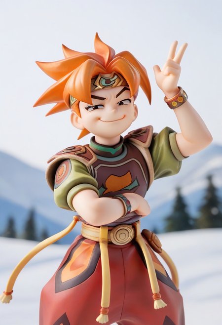 score_9, score_8_up, score_7_up, terranigmark, spiky orange hair, pauldrons with faces, jeweled headband, print shirt, green sleeves, bracelets, belt with dangling straps, red baggy pants, snowy mountain, (smug:2)