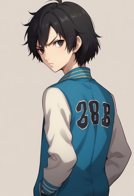 score_9, score_8_up, source_anime, highly detailed, 1boy, solo, skinny,
shinya, 1boy, solo,  jacket, black hair, hands in pockets, 
black eyes, short hair, upper body, letterman jacket,
looking at viewer, angry, yell,
from back, looking back,