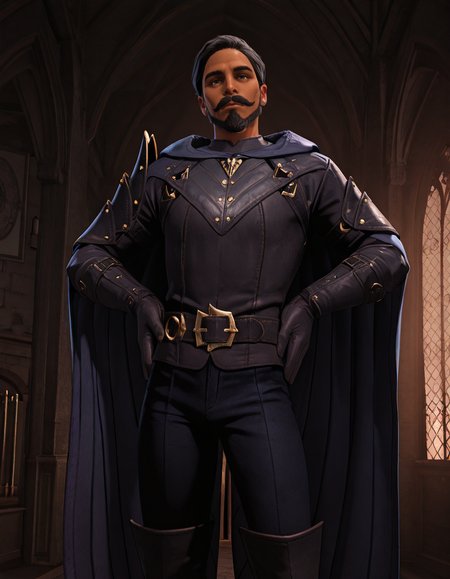 cinematic_depth, 8k, soft_lighting, warm_glow, ultra_high_quality, masterpiece, best quality, newest, perfect quality, best quality, detailed background, intricate details, male focus, solo, realistic, <lora:Dragon Age Veilguard - Viago de Riva - Illustrious 2_1-000006:0.7>, dav_viago, 1boy, mature male, black hair, short hair, dark skin, beard, mustache, blue eyes, leather armor, hooded cloak, single pauldron, leather belt, leather gloves, leather pants, leather boots, indoors, looking at viewer, hands on hips, looking at viewer, head tilt