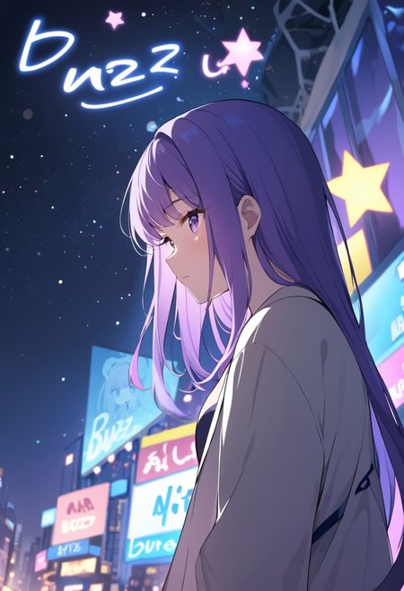 buzz, sign, sign on sky, a sign with text "Buzz!", purple hair, majestic girl, nighttime, sky, stars, dynamic lighting