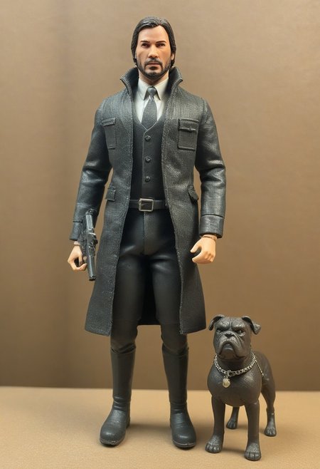 1987 Action Figure Playset Packaging of John Wick.  The John Wick Action Figure is packaged with companion bulldog and accessory pistol.