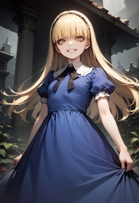 score_9, score_8_up, score_7_up, source_anime, best quality, masterpiece, 
human, female, solo, mouth closed, evil grin, outdoor, evil, creepy, horror, 
<lora:zs_AliceXL:1> alicesmt, dress, long hair, blonde hair, hairband, blunt bangs, puffy sleeves, blue dress, yellow eyes