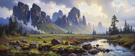impressionism, masterwork ethereal landscape painting, oil on canvas, traditional media, icelandic highlands after the rain, a vast expanse of moss-covered volcanic plains stretches toward jagged, black mountains in the distance, streaks of mist hover low over the ground, with silvery glacial rivers meandering through the terrain, the atmosphere is raw and otherworldly, the scene feels untouched by time, evoking a sense of ancient power and natural beauty, in the foreground, patches of vibrant green moss cling to dark volcanic rock, with shallow pools of rainwater reflecting the sky, the winding rivers shimmer with a pale, icy hue, snaking between black and emerald tones, the background features ominous, craggy mountains partially obscured by shifting veils of mist, their sharp silhouettes cutting into the sky, the sky is heavy with remnants of storm clouds, hints of sunlight pierce through gaps in the dark masses, casting a diffused, ethereal glow upon the landscape, a faint rainbow arcs subtly over the horizon, the air feels crisp and damp, the perspective is wide and expansive, a slightly elevated view capturing the grandeur of the highlands, emphasizing the scale and vastness of the untamed wilderness, the lighting is atmospheric and moody, the interplay of light and shadow accentuating the texture of the moss and the ruggedness of the volcanic terrain, soft beams of light breaking through clouds highlight patches of the landscape, enhancing the dreamlike quality, painted in hyper-detailed impressionism, with expressive brushstrokes and rich textures, the colors are dominated by cool tones, deep greens, slate grays, and muted blues, subtle accents of warm sunlight break through, adding contrast and life to the composition, arsmjstyle, aidmaimageupgrader, <lora:style-impressionism-flux-by_arsmachina:1.1> <lora:style-amazing_scenery-v3-flux-by_marielle:0.68> <lora:image_upgrader-v0.3-flux-by_aidma:0.4>