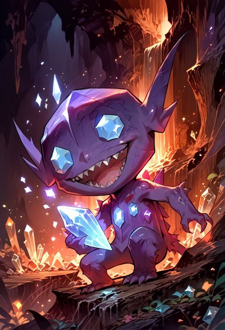 score_9, score_8_up, score_7_up, (source_anime, rating_safe), solo,  (slimes_sableye, chibi body), ( wide smile, open mouth), (cave, glowing crystals, crystals), (detailed image, high resolution, 5k resolution:1.0), (dark theme, dark , dim light)