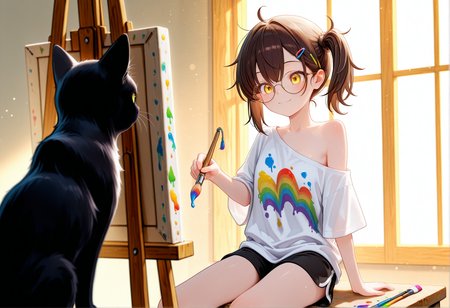 zPDXL2, cowboy shot, (from side:0.8), (navel focus:0.8), (depth of field:1.1), bokeh, highly detailed, masterpiece, best quality, amazing quality,
1girl and (black cat sitting:1.3), petite, brunette, medium side ponytail, hairclip, yellow eyes,
happy, sitting, painting \(action\), (holding paint brush:0.8),
round glasses, nude, loose t-shirt, one strap down, shorts, off shoulder,
art studio, easel, paint splatter, (light particles:1.3), (sunbeam:1.2), (blurry foreground:1.1), rainbow colors,
<lora:detailed_notrigger:1.3> <lora:illustriousXL_stabilizer_v1.23:0.6>  <lora:Detailer_NoobAI_Incrs_v1:0.6>  <lora:Rokudaime_Illu_Edition:1> <lora:NOOB_vp1_detailer_by_volnovik_v1:1>