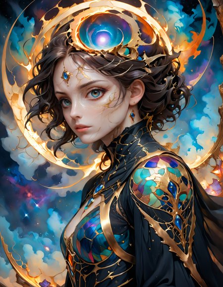 <lora:zhongfenghua:1.1> zhongfenghua,(Curved lines,Amorphous,swirling,lunar eclipse,photography equipment,Clay Tiles Rotation,napthol scarlet conjuration ,cuboid,time dilation,Hexagon,astral,glamorous,seraphic magic:1.0) beautiful 1girl,short hair White DV_Paris_Vicious Sad, downturned mouth, drooping eyelids, and furrowed brow. ,
Wielding a spell and does magic (Rotation,Translation,Drifting,Vermilion ,Supernatural,Déjà vu,Diagonal lines,Wavy lines magic:1.0) ,
breathtaking detailed soft painting, masterpiece, best quality, amazing quality,rembrandt style, Christian saint, detailed art nouveau stained glass of flames background, elegant , highly detailed, artstation, concept art, matte, sharp focus, art by Tom Bagshaw, Artgerm and Greg Rutkowski, Cinematic style, Beauty, Realism, Photorealism, Chiaroscuro, High quality, cinematic lighting ,
 <lora:hyperkraximalism_v1-1:1>, 
<lora:Iridescence:0.5> IRDCC,
 <lora:DetailMaximizer:1>