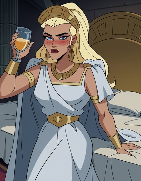 score_9, score_8_up, score_7_up, source_anime,
hippolyta, <lora:hippolyta-dcau-ponyxl-lora-nochekaiser:1>,
hippolyta, long hair, blue eyes, blonde hair, makeup, lipstick,
dress, jewelry, earrings, cape, white dress, necklace, crown, tiara,
indoors, bed, bed room, on side, blush, drunk,
cowboy shot, looking at viewer, solo, dutch angle,