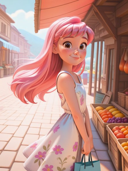 DisneyStudioXL, cinematic, cartoon,
1girl, freckles, holding shopping bag, pink hair, sundress, floral print, looking at viewer, dynamic angle, cowboy shot, cute, epic pose, smile, blush, wide shot, cute eyes, magic vibes, bangs, floating hair, outdoors, detailed background, shops, fruits, market, portrait, dutch angle, from side,
 <lora:DisneyStudios_style-12IL:1>