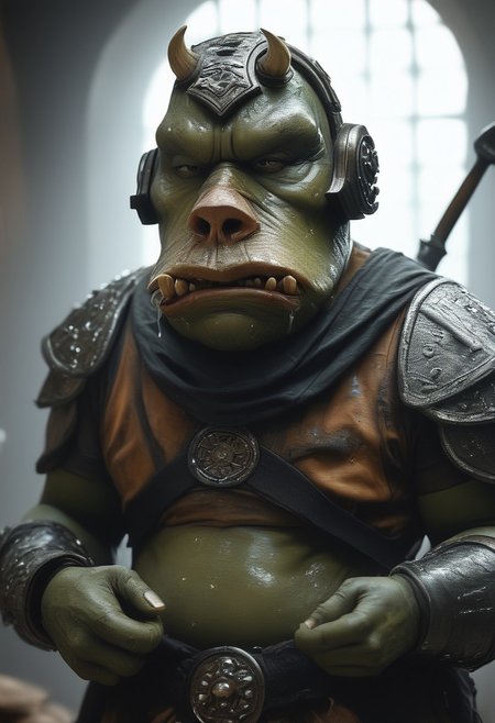 score_9, score_8_up, score_7_up, score_6_up, photo,  photorealism, 1boy, Gammorean Guard, Dark green skin, armor, skin texture, moist skin, pores, saliva, dynamic lighting, detailed shadows, adobe palace, fat, dim light