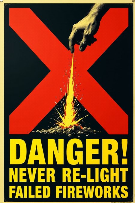 A stark, graphic vintage safety poster in shades of red, yellow, and black. It shows a hand reaching out to pick up a smoking, unexploded firework. A large, bold red "X" is superimposed over the firework. Below, in clear, blocky yellow letters: "DANGER! NEVER Re-light Failed Fireworks." Emphasize the immediate danger and the clear warning message.  <lora:REMEs_War_Poster_Style:0.95> In REME's War Poster Style,âââ