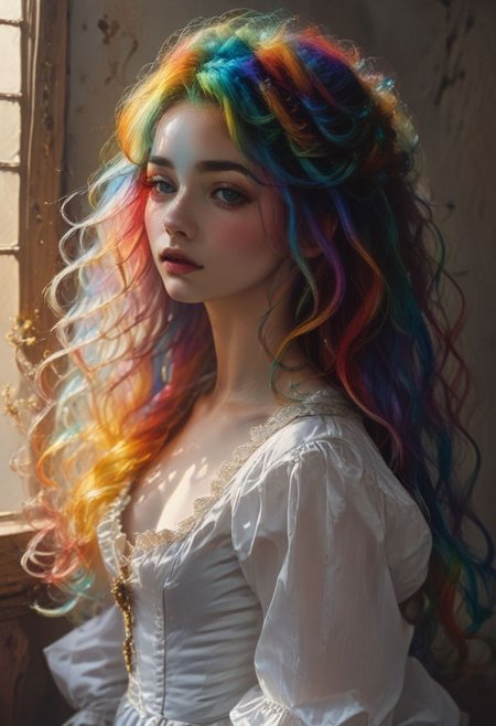 Renaissance style stunningly beautiful queenly woman, aristocrat, elegant, (big hair), rainbow hair, white silken corset dress, portrait, <lora:xl_big_hair-1.0:1> . Realistic, perspective, light and shadow, religious or mythological themes, highly detailed