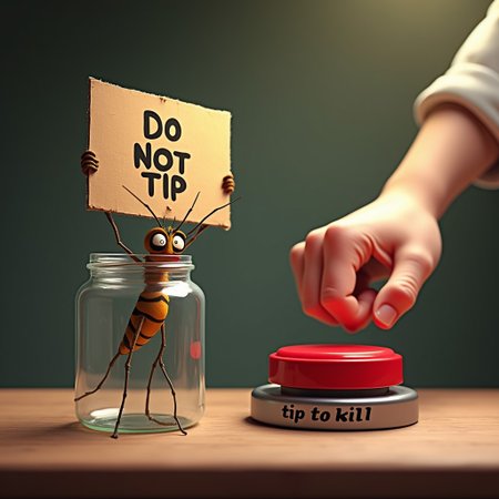 A highly detailed animated scene.  The overall composition is a mosquito trapped in a mason jar next to a big red button with a hand over it ready to press it. The mosquito is holding up a cardboard sign that says “do not tip” .the hand is a fist. The mosquito is trapped in the jar trying to get away. The button has text on the side reading “tip to kill”