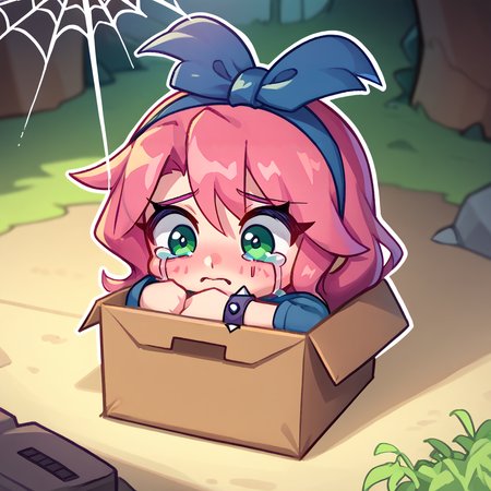 score_9, score_8_up, score_7_up, BREAK <lora:chibi_box_b0xe_v2.1:1> b0xe,in box,chibi,cardboard box, 1girl, solo,  <lora:NSStylistTerraria:1> NSStylistTerraria, pink hair, long hair, green eyes, blue shirt, purple apron, jeans, spiked collar, spiked wristband, hairband, hair bow, hugging own legs, crying, flying teardrops, cave, spider web, outdoors