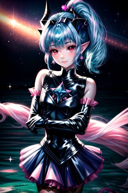 EvlSM, DarkPrecure, Bad_End_Precure, professional image of a cute young woman, (frilly elegant glossy dark holographic dress, crescent brooch, crescent earrings, crescent accessories:1.2),
(blue water dragon horns, blue water dragon tail:1.3), (short hair, side ponytail, hair above cheeks, light blue hair with light pink hairtips, gradient hair, multicolored hair:1.4), red eyes, (small breasts, cute face, innocent, shy, pointy ears:1.1), (sparkles, sparkling clothes, sparkles near eyes:1.3),
(intricate aquatic background, underwater, sparkling water, ocean floor, corral reef, bubbles:1.2), 
(ultra wide angle shot, cinematic style, absurdres, incredibly absurdres, huge filesize, extremely detailed, High quality texture, physically-based rendering, Ray tracing, octane render, sharp focus, (8k), (4k), (Masterpiece), (Best Quality), extremely detailed, intricate, hyper detailed, illustration, soft lighting, high resolution, sharp detail,)