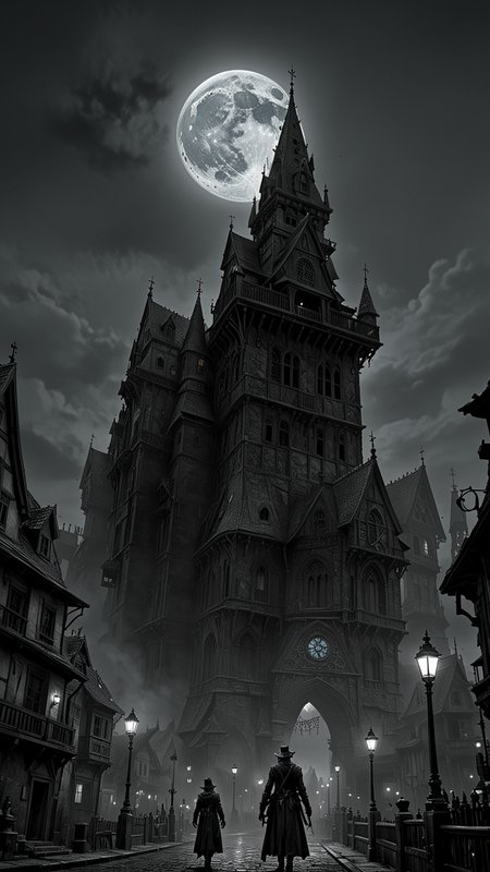 The city of yharnam, oil painting, Blue moon, realistic, extreme detail, scary, terrifying, dark and warm environment, From Below, 8k, Epic, (Use Dream Diffusion Secret Prompt),  <lora:Black__White_One_Accent_Color_-_By_Dice:1>, (Black and white image, Blue Accent), UHD
