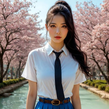 a stunning real medium breasts Korean woman with long, flowing dark hair, her piercing gaze directly addressing the viewer. score_9, score_8_up, score_7_up, 4k, high quality, (best quality:1.1), realistic, photorealistic, close-up, upper body, (ultra HD quality details), High Fashion, A highly detailed, realistic digital photo of a Korean woman 28yo with a pale complexion, emphasizing her enigmatic and mystical aura,, high resolution, rich textures, and contemplative mood. Her eyes are a deep piercing and  brown, dynamic, dramatic, haute couture, elegant, ornate clothing, dark straight hair with a few loose strands framing her face, against a cyan gradient background, Realistic photograph, Movie light, film grain, necktie, skirt, ponytail, school uniform, shirt, looking at viewer, outdoors, white shirt, blue skirt, tree, cosplay, belt,