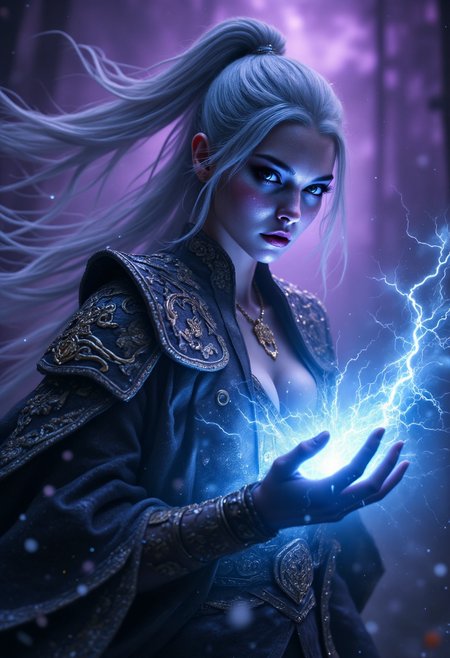 cinematic film still ethereal fantasy concept art of A powerful, photorealistic portrait of a legendary Chinese sorceress, embodying a human-dragon hybrid presence. She stands amidst a rain soaked battlefieldunnatural chaotic purple-lit sky above, blue lightning crackles from her hands and eyes. Silver hair flows dramatically around her face, framed by ornate,black  dragon-themed battle armor adorned with intricate gold detailing. Her athletic, graceful form exudes both elegance and raw power. Rain glistens on her pale,expensive jewelry, while volumetric lighting casts an ethereal glow over her fierce beauty. The setting is charged with dynamic, supernatural energy, capturing her as a goddess of storms and lightning, blending fantasy and realism with awe-inspiring detail.
<lora:Dever_Flux_Enhancer:0.65> <lora:aidmaFluxPro1.1Stylev0.2:0.6> aidmafluxpro1.1 . . shallow depth of field, vignette, highly detailed, high budget, bokeh, cinemascope, moody, epic, gorgeous, film grain, grainy