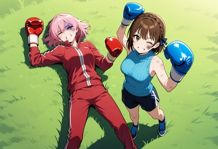 boxing gloves, bruised eye, one eye closed, clenched teeth,  <lora:girlsboxingdownloraillustrious-000060:0.3>, gbdown, full body, cowboy shot, from above, cowboy shot, masterpiece, best quality, 2girls, outdoors, grass, BREAK
lying, on back, lying on back, red boxing gloves, pink hair, crown braid, track jacket, track pants, BREAK
(bruised eye, dirty face:1.1), one eye closed, arms up, raised fist, smile, happy, standing, looking at viewer, blue boxing gloves, brown hair, crown braid, ribbed sweater, shorts, shoes,