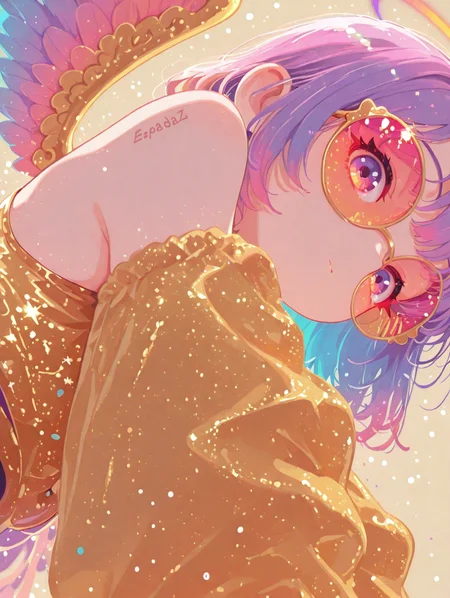 masterpiece, best quality, good quality, newest, highres, absurdres, very awa, vivid colors, flat color, 2D, strong lines, Pop Art, depth of field, focused subject, close up, stylized, in gold and neon shades, wabi sabi, 1girl, rainbow angel wings, looking at viewer, dynamic angle, from below, from side, relaxing, no lineart,no outline,    <lora:t4kar4i_shunsuk3:0.5> <lora:sowasowart_style:0.7> <lora:ponyv6_noobE11_2_adamW:0.7> <lora:pikaole:0.7>   <lora:illustrious_flat_color_v2:0.4> <lora:illustrious_very_aesthetic_v1:1>  <lora:illustriousXL_stabilizer_v1.23:1> <lora:kanikumitoi:0.3>  <lora:XXX477:0.3>