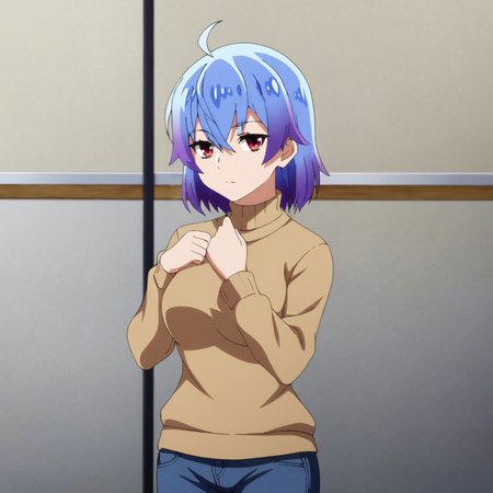 <lora:RutiBanished_pony_v1:.8> RutiBanished, 1girl, blue hair, red eyes, short hair, multicolored hair, purple hair, cowboy shot, sweater, jeans