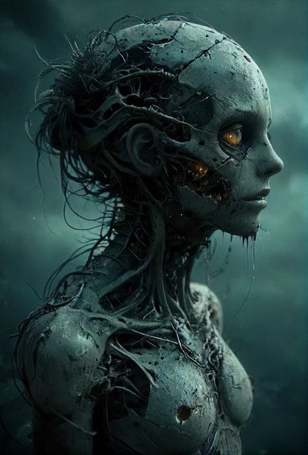 no true soul never be, cold disfigured, manufactured eyes see everything, your corroding core degenerates, build to love and overtake, built to serve to calculate, eerie, dark, desolate, <lora:Exoskeletal_Echos:0.3>, <lora:- SDXL - vanta-black_contrast_V3.0:0.5>, <lora:sss:0.8>, <lora:DonMn1ghtm4reXL:0.4>, <lora:Futuristic_Retro_Vibes:0.2>, <lora:Neon_Cyberpunk_Impressionism_SDXL:0.2>
