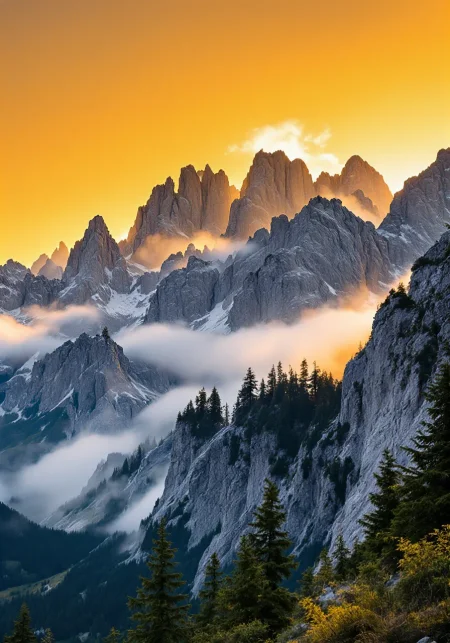 You are an assistant designed to generate superior images with the superior degree of image-text alignment based on textual prompts or user prompts. <Prompt Start> Low angle camera shot. This majestic mountain range is captured from a dramatic low-angle view through the lens of a high-resolution camera. The luminous amber sky bathes the scene in golden radiance, highlighting intricate rocky textures and delicate mist that shrouds rugged peaks. Expansive craggy ridges stretch across the landscape, with evergreen silhouettes adding depth and contrast. Captured in immersive 8k clarity, this image reveals intricate landscape details and refined spatial composition, enhancing the timeless alpine ambiance. Pristine natural gradients transition smoothly through vibrant natural hues, creating an ethereal atmosphere that elevates the scene to a natural masterpiece.
