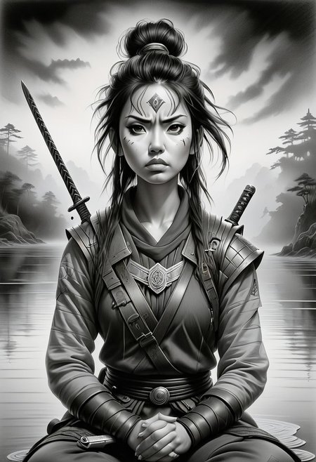 Jed-Pen,
A lone warrior meditating on a foggy lake, her sword resting on the surface, as waves ripple with unseen energy
hyper-detailed black-and-white ink illustration, high-contrast ballpoint pen realism, cyberpunk and punk aesthetics, traditional Japanese elements, sharp cross-hatching, dark humor and satire, intense facial expressions, edgy fashion, minimal red accents, beauty and brutality contrast