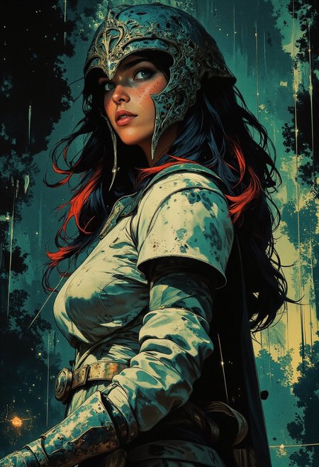 stunning female korean templar knight, long multicoloured hair (dark with blue and red highlights), helf-helm, bangs, dark eyeshadow, red lips, white and red plated armour, standing  in a misty forest swamp, closeup  profile image, High Detail, Perfect Composition, in shadow with shafts of light, high contrast, silhouetted, chiascuro