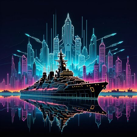 The outline of a battleship, through the outline the viewer can see a surreal post-apocalyptic digital neon city, sky glitched, double exposure,