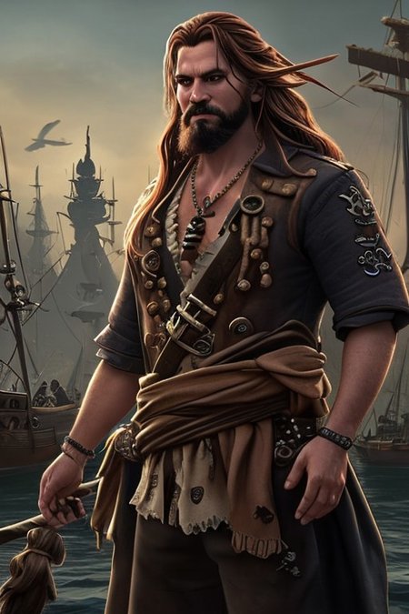 (masterpiece:1.2), (best quality,:1.2), 8k, HDR, ultra detailed, ((photorealistic)), professional light, cinematic lighting, fashion photography, ambient lighting, atmospheric effects, <lora:detail_slider_v4:2>, <lora:zoom_slider_v1:4>, a (male) pirate, long hair, beard, <lora:PirateGarb:0.5>, in a pirate harbor on a pirate island, <lora:PirateRealms:0.6>, PiRe, epiCPhoto