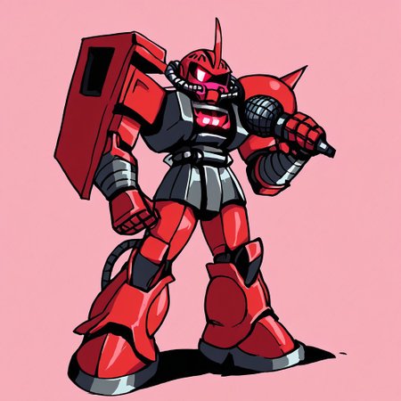 solo, holding microphone, standing, full body, source_cartoon, score_9, score_8_up, score_7_up, red garma_zaku, red monoeye, pink monoeye, crimson monoeye, no monoeye visible, metallic heathawk, shoulder decals, simple background