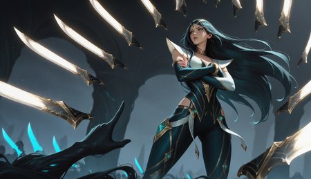 masterpiece, best quality, highres, absurdres, newest,<lora:Sentinelirelia:1>, ireliasentinel, 1girl, dress(white top,black botton), black hair, golden diadem, long hair,golden accents, detached sleeves, golden bangles, blue eyes, crossed arms,(few floating blades), white shining blades, (blades pointing sideways:1.3),  standing, from below, looking to the side, killing monster, kill, slash effect