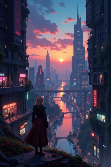 a futuristic sci-fi fantastic cyberpunk city beautiful  landscape, dusk, woman, very intricate, very detailed, sharp, bright, colorful, <lora:Hand v2:0.5> <lora:Anti-Blur:1><lora:Insane Detail Slider:0.25>  <lora:flux.1_lora_flyway_Epic-detail_v2:0.3> <lora:fluxenhancer:0.25> <lora:Anime_style:0.6> anime style