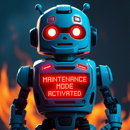 cinematic, A cute blue robot with red LED eyes and a red LED chestplate that says "MAINTENANCE MODE ACTIVATED" in a pixel font, with flames behind,