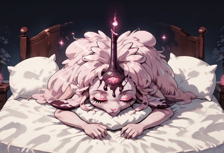 female focus, solo focus, solo, score_9, score_8_up, score_7_up,1girl, belphegorHelluvaBoSSV1, furry female, sheep, furry, 1girl, female Focus, glowing eyes, pink eyes, pokemon (creature), closed eyes, bed, bedroom, sleep, asleep, sleeping